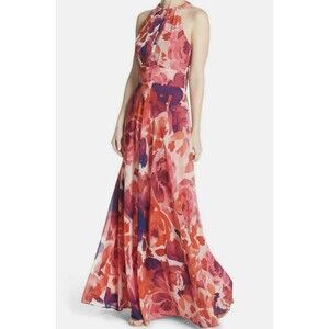 Eliza J Floral Halter Maxi Dress Flowy Chiffon Pink Purple Zip Tie Neck Womens 6